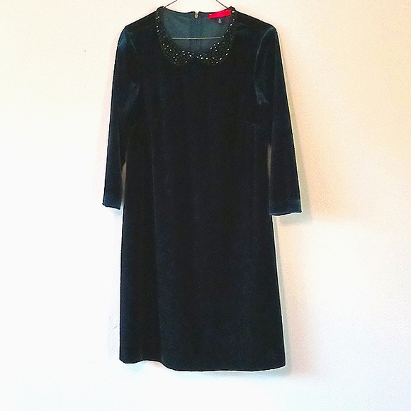 Betsey Johnson Green velvet dress Peter Pan neckline jewel collar Small - Picture 1 of 8